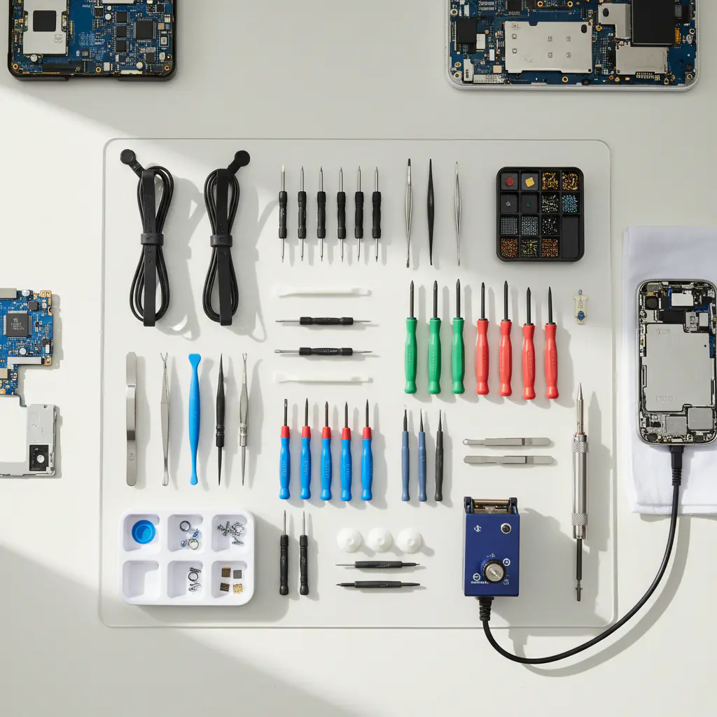 Overhead view of an organized electronics repair kit