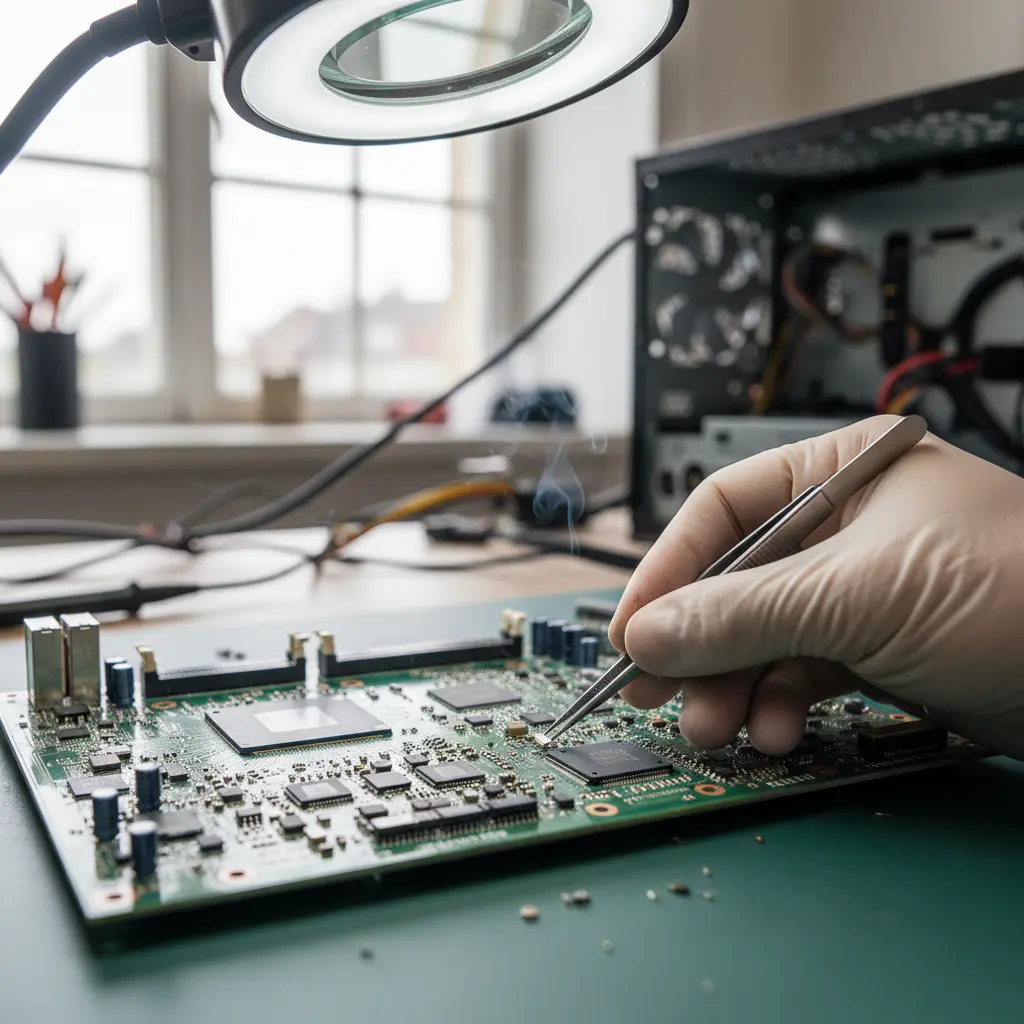A macro shot of a motherboard being repaired