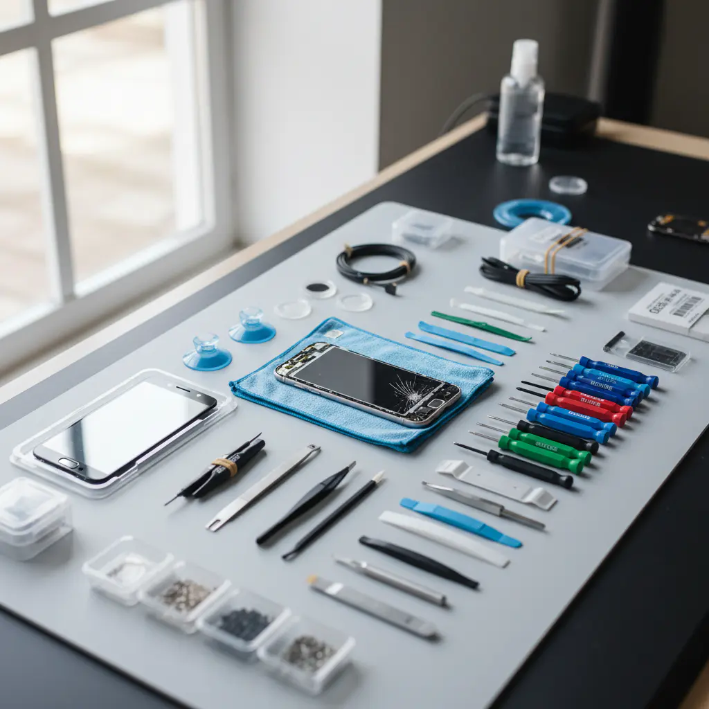 Smartphone screen repair kit layout